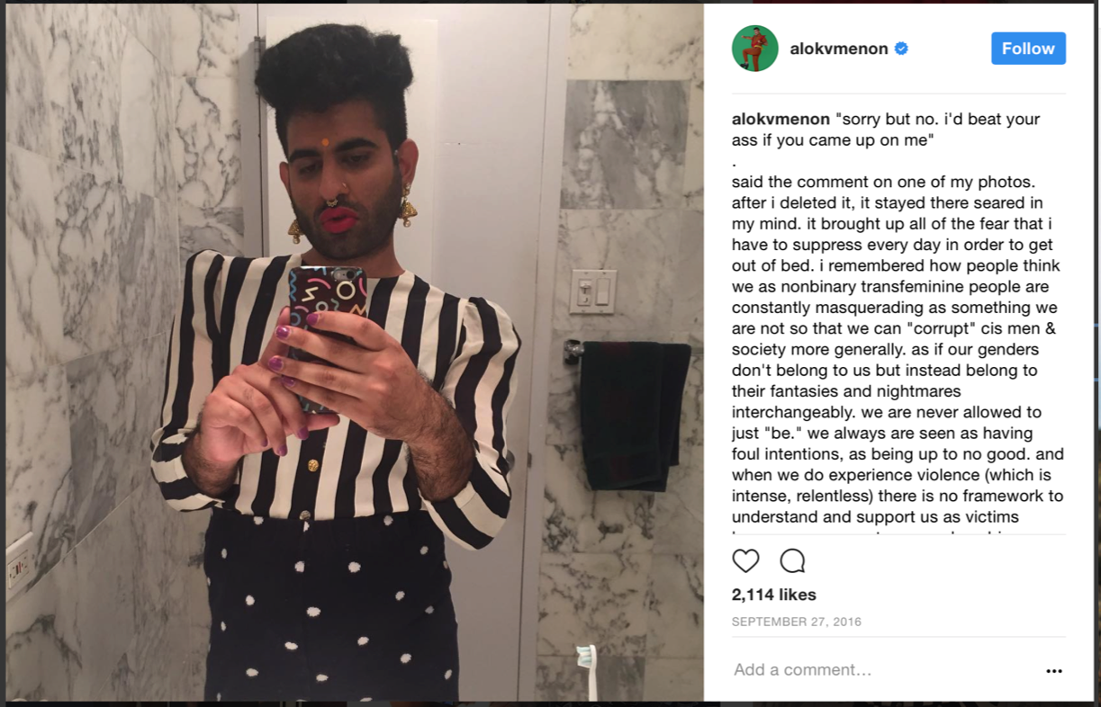 Screen capture of an Instagram post with Alok's self-portrait in a black and white striped shirt and polka-dot skirt, holding a phone to take a selfie. The caption on the right is titled, "Sorry but no. I'd beat your ass if you came up on me."