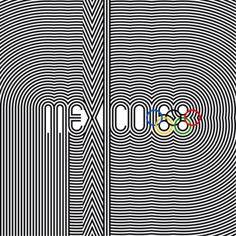 Swirling black and white lines surround the text “Mexico 68” and five circular Olympic rings in the center of a logo design.