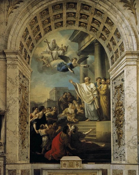 Oil painting of St. Denis preaching to a crowd of people while angles and a seated male figure float above them.